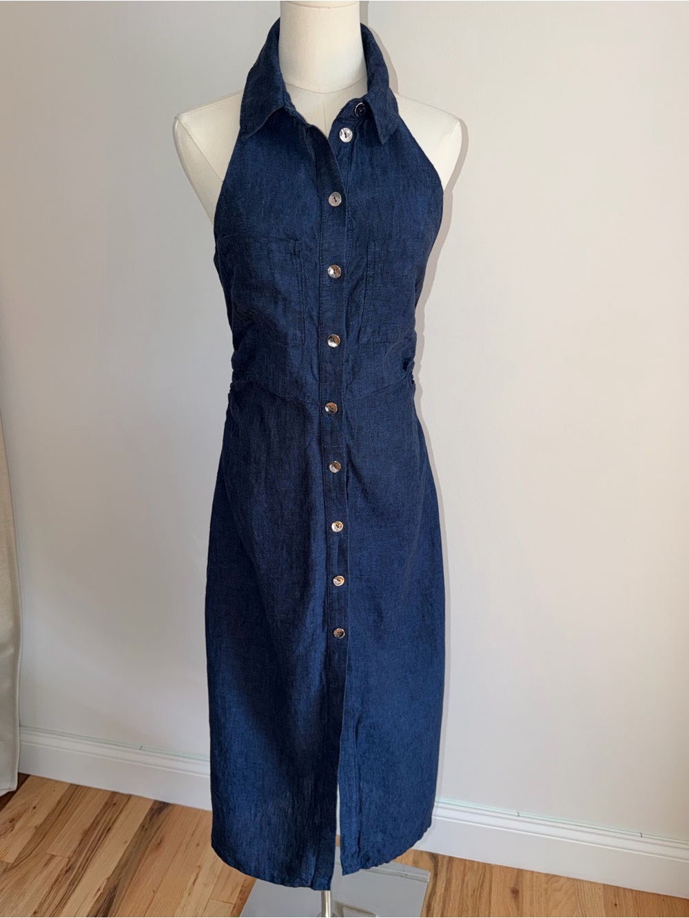 100% Linen Navy Halter Midi Dress size M